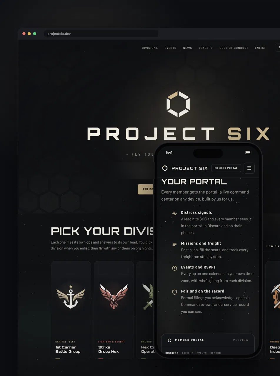 Project Six on desktop and phone: the public homepage with the hexagon logo, division cards, and the members portal screen on a phone