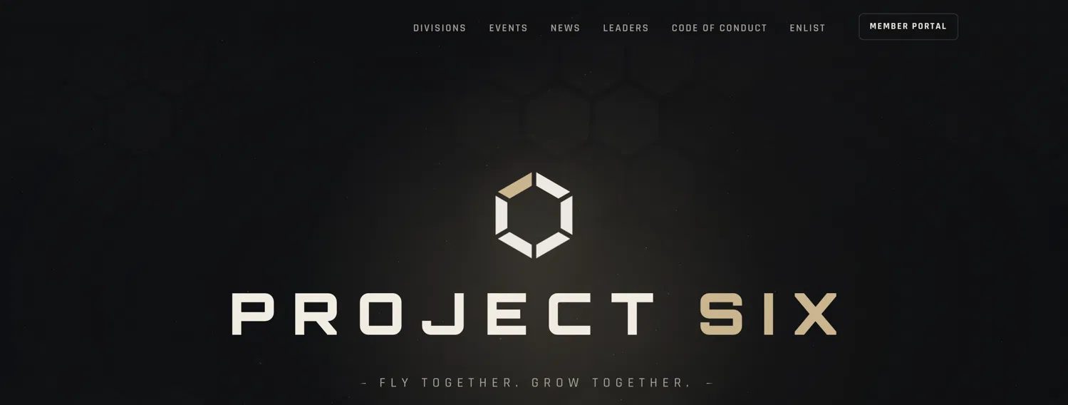 Project Six public homepage: hexagon logo above the Project Six wordmark and tagline on a dark honeycomb background